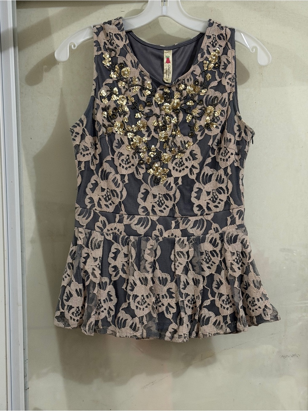 Alice Moon Gray Dress with Blush Lace and Gold Sequin Embellishment
